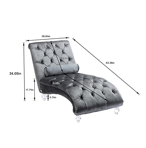 Kinffict Velvet Chaise Lounge Chair With Toss Pillow, Modern Tufted Button Lounge Chair With Acrylic Legs, Upholstered Indoor Sleeper Chair For Living Room, Bedroom, Silver Grey thumb #1
