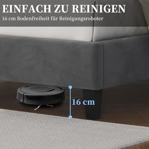 Yaheetech Polsterbett Doppelbett 140 × 200 cm Stoffbett Jugendbett Gepolstertes Bett mit höhenverstellbarem Kopfteil Bettrahmen mit Lattenrost, Dunkelgrau