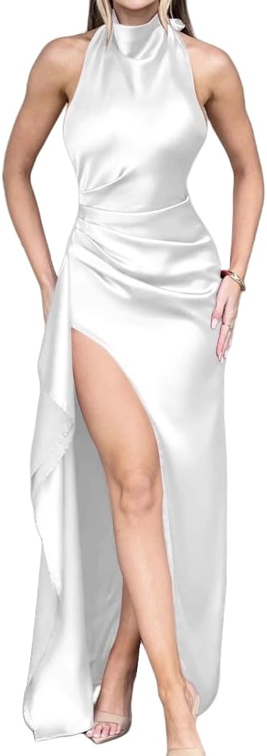 Womens Maxi Dress Sleeveless Halter Ruched Side Slit Backless Elegant Long Dress for Party Wedding Cocktail