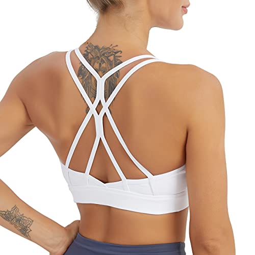 YOGAPRO Women's Sports Bra, Crisscross Back Padded Strappy Sports Bra Medium Support Yoga Bra with Removable Cups White - Image 3