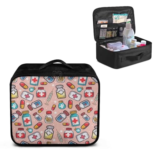 Image of Gomyblomy Pink First Aid Bag Empty Medical Travel Bag with Multiple Pockets Lightweight Medicine Organizer Pouch Emergency Kit for Home Cars Trips Camping Hiking