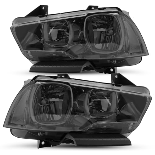 JSBOYAT Halogen Headlight Black Smoke Assembly Replacement for 2011-2014 Dodge Charger R/T SE SRT8 Headlamp Driver and Passenger Side Clear Reflector Smoke Lens