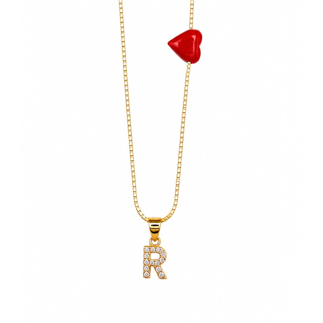 Collana Lettera del Cuore con Iniziale Zirconata e Cuore in Corallo Rosso naturale del Mediterraneo gioiello elegante minimal da donna ragazza