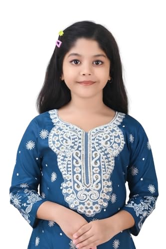 Image of Girls Traditional Rayon Salwar Suit Set with White Embroidery, 3-Piece Ethnic Wear with Lace Detail and Floral Pattern