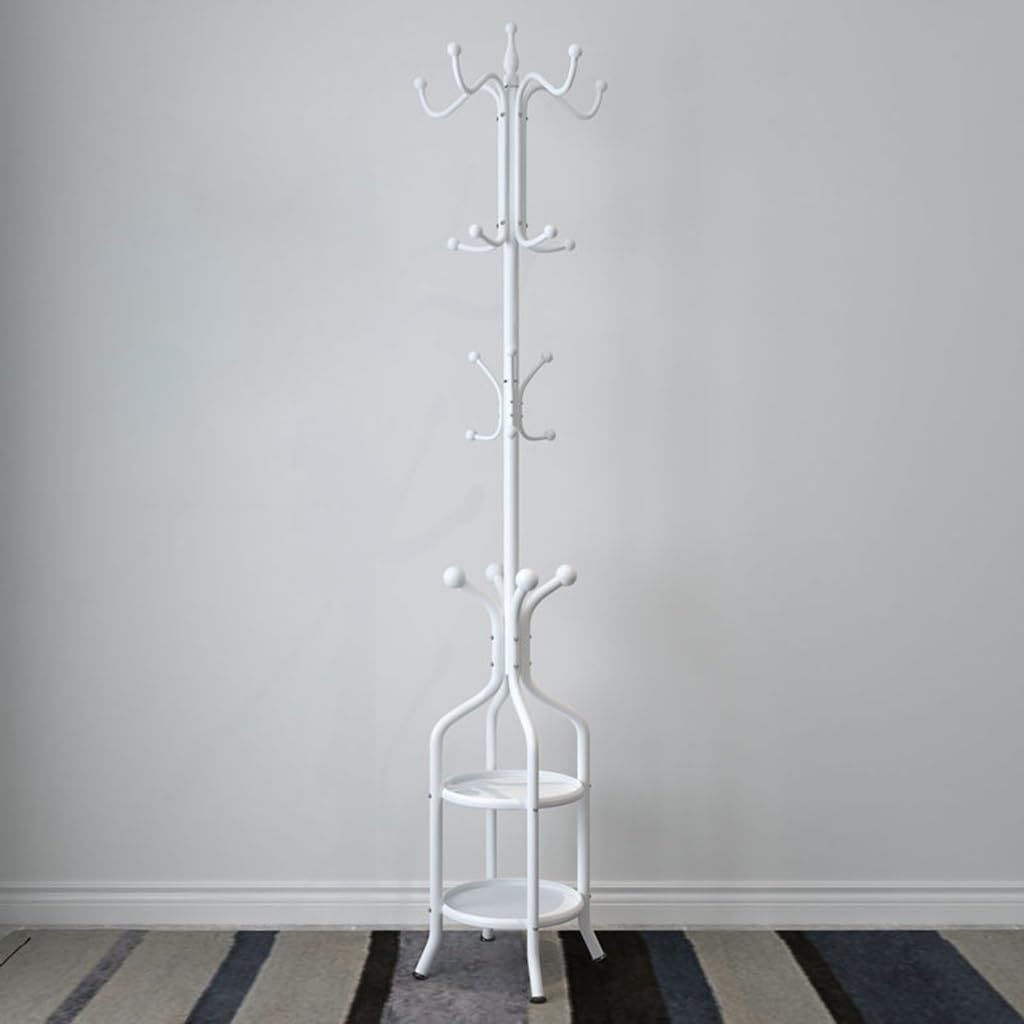 HYLYGFH Freestanding Coat Rack with Umbrella Holder - Metal Entryway Hall Tree with 12 Hooks & Shelves for Coats, Bags, Hats - Stylish White nizer for Home & Office