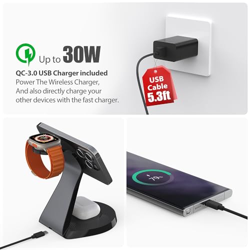 Apple Devices Charging Station: Mag-Safe Fast Wireless Charger for iPhone, AirPods, and iWatch (Includes 30W USB-C Charger)