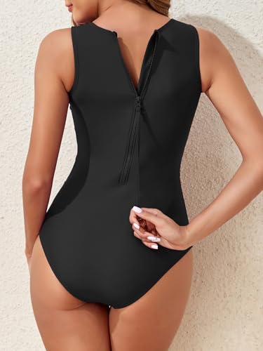 Smismivo Modest Swimsuits for Women High Neck Zip Up One Piece Bathing Suit Ruched Padded Closed Back Swimwear2