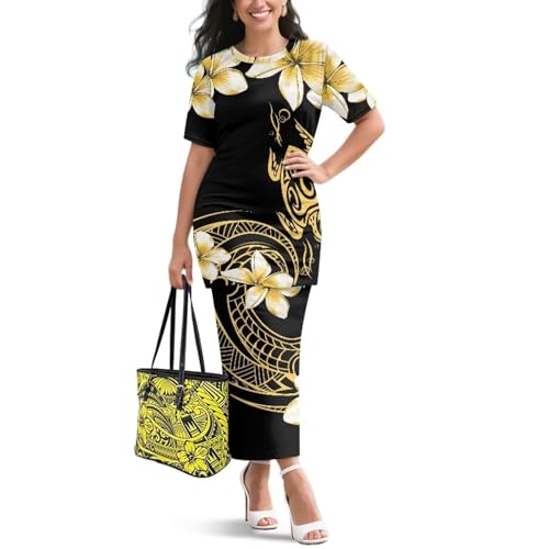 Image of Puletasi Samoan Traditional 2 Piece Outfits for Women Short Sleeve Crop Top and Maxi Skirt Sets Puletasi Dress