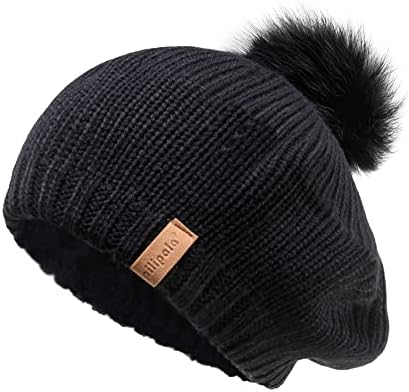 Women's Knit Beret Hat with Fur Pom French Beret Bennie Fashion Skull Cap Winter(Black-B)