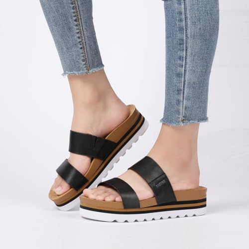 Image of Yozuru Womens Platform Sandals with Arch Support Slip on Slides Comfortable Summer Beach Sandals Cork Footbed Cushion Wedge Sandals for Women