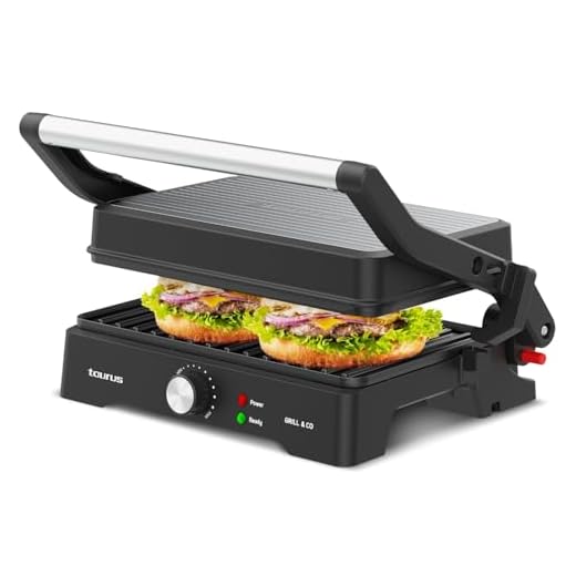 Taurus - Sandwicher Grill&Co GR1500X | 1500W | Placas Antiadherentes 27.5 x 17.3 cm | Tapa Basculante 180º | Termostato Regulable | Base Antideslizante | Bandeja Recoge grasas