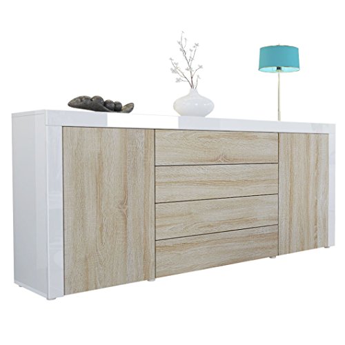 Vladon Buffet Commode La Paz, Corps en Blanc Haute Brillance/Façades en Chêne Brut avec Une Bordure en Blanc Haute Brillance
