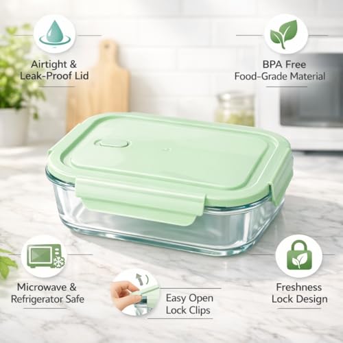 Image of Kitchne Star Fresh Lock Trio Glass Container Set of 3, Airtight Leak-Proof Stackable Lunch Box with Locking Lids, BPA-Free, for Office Travel and Meal Prep