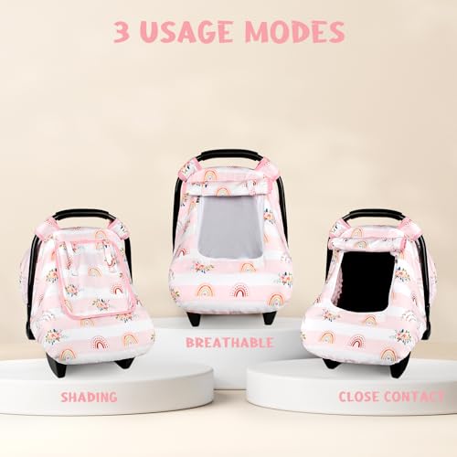 Image of Pea Pod Car Seat Cover Baby, Infant Car Seat Canopy Covers for Newborn with 2 Layers Windows of Breathable Mesh Fabric, Lightweight Polyester /Soft Minky Dot Backing (Floral & Rainbow)