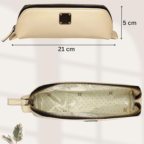 Image of ZAFCO Vegan Leather Pencil Case for Girls | Pen Box Large Capacity | Multiuse Portable Pouch for Office School and College | Pencil Bag Stationery Accessory Organizer 1 Unit (Beige)