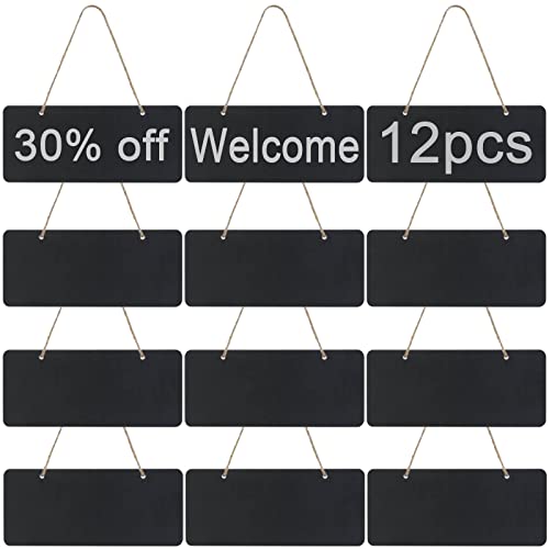 Pequeñas pizarras rectangulares para colgar, pequeñas pizarras de madera, pizarras decorativas con cuerda de yute para el hogar, bodas, cumpleaños, restaurantes, cafeterías, 12 unidades Cover