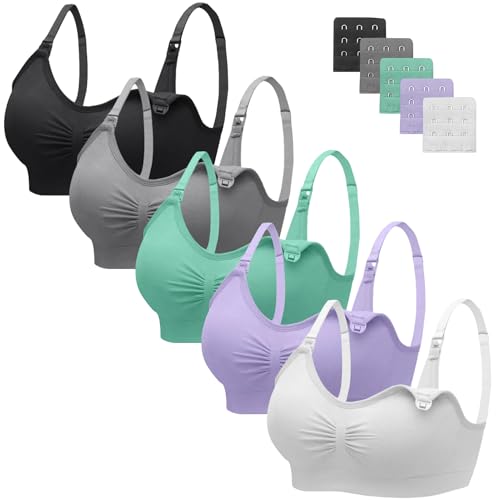 Image of Angelhood Nursing Bra 5 Pack Womens Maternity Breastfeeding Seamless Wireless Sleep Bra with Extenders