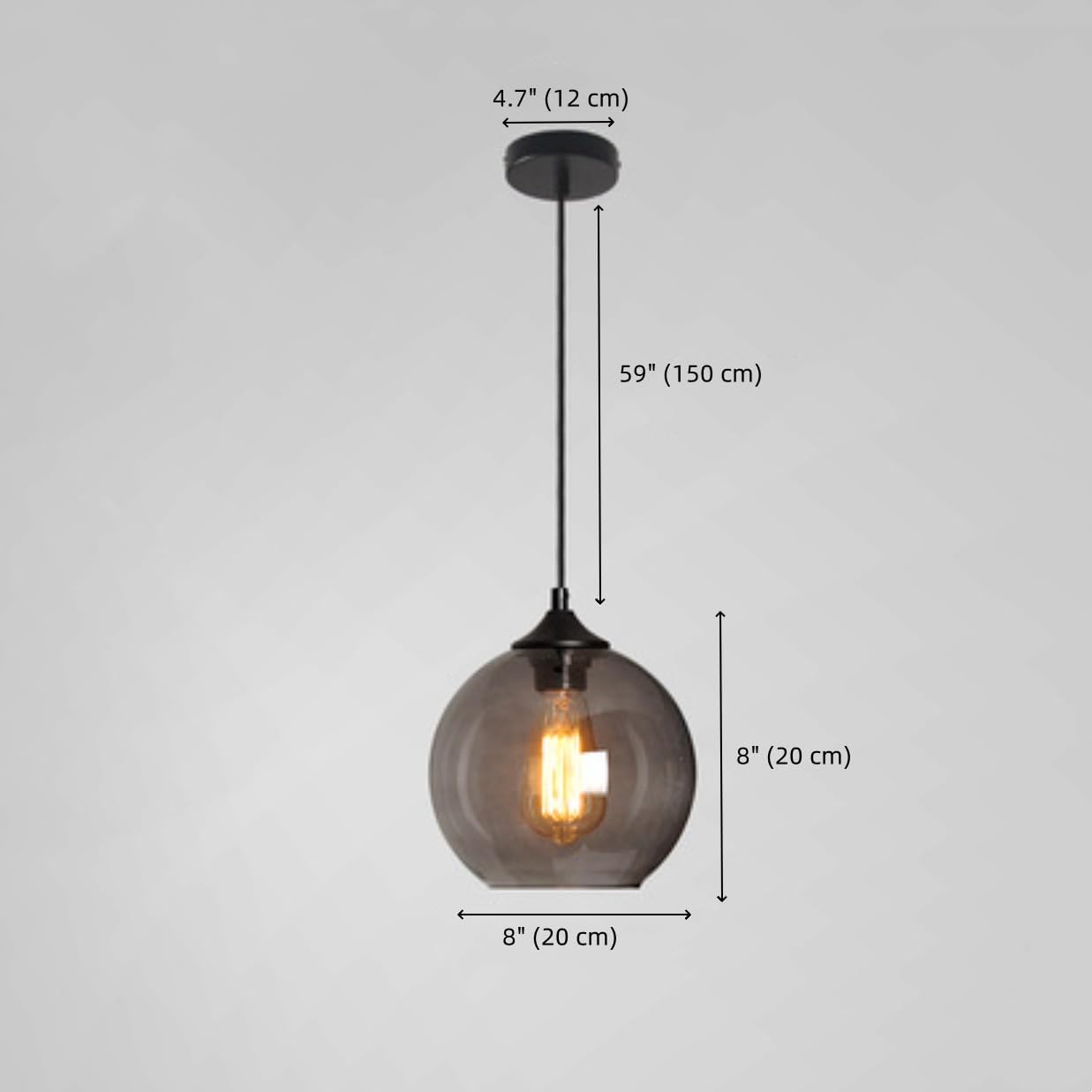 Industrial Glass Pendant Lighting for Kitchen Island 3 Pack Smoke Grey Glass Pendant Light Smoked Glass Globe Hanging Light Fixture Gray Orb Single Light in Black Finish - 8"