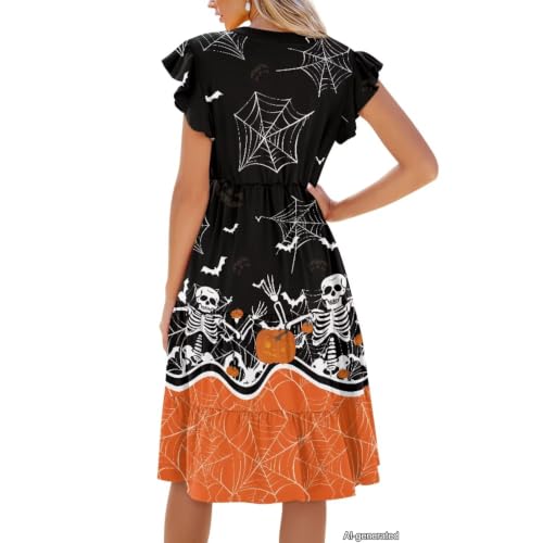 Image of Womens Summer Dress Ruffle Sleeve V Neck Dress Casual Fit Flowy Beach Vacation Sundress with Pocket S-2XL