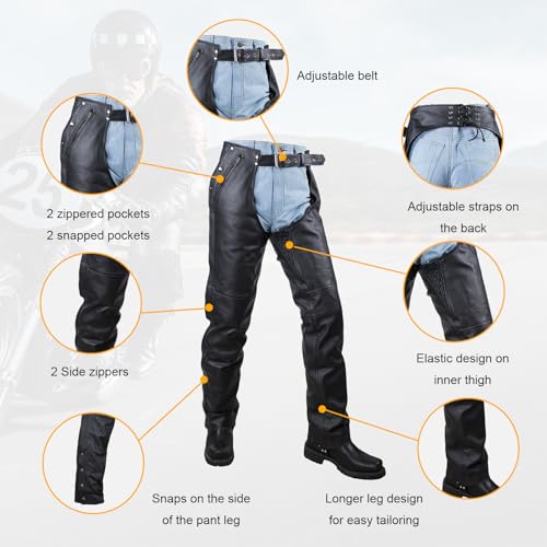 GARGOYLE BELLS Motorcycle Leather Chaps for Men & Women, Black Cowboy Biker Riding Chaps Multi-Pocket Split Soft Leather Pants with Zipout liner by GARGOYLE BELLS - Image 3