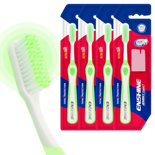 Image of Enshine Advance Clean+ Soft Toothbrush for Adults - Pack of 4 | Ultra Soft Tapered PBT Bristles | Tooth Brush Set with Non-Slip Grip | Manual Toothbrushes for Sensitive Gums & Enamel | Green Color