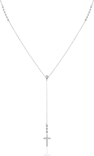 LUKIENY Delicate Sterling Silver Cross Y-Shaped Lariat Necklace Minimalist Drop Necklace for Women Gift for her White Gold Cross Lariat  Y necklace