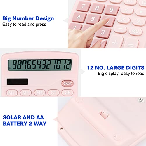 Calculatrice de bureau double puissance compacte et légère écran 12 chiffres rose