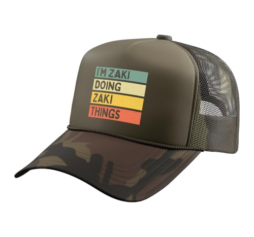 I'm Zaki Doing Zaki Things Funny Personalized Quote Trucker Hat with Adjustable Mesh Back, Camo Green