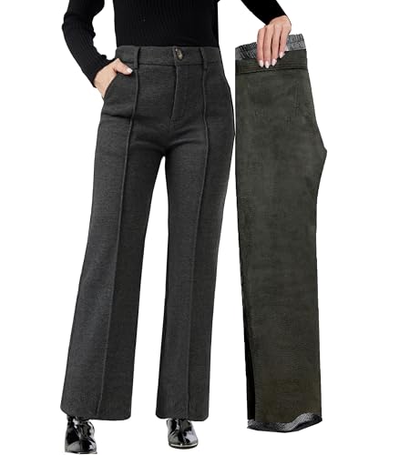 Fakanhui Damen-Winter-Thermohose, Wollmischung, Tweed, weites Bein, Hose, Fleece-gefüttert, Business-Casual-Hose, Dark, S