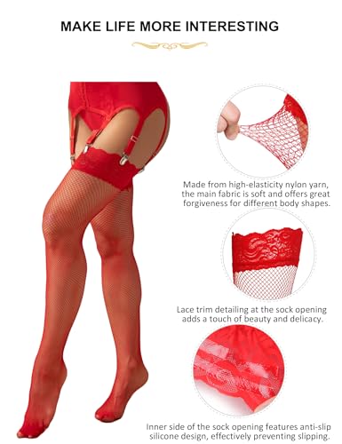Image of comeondear Women Fishnet Thigh High Stockings Plus Size Socks with Antiskid Silicone Lace Top Sheer Nylons Pantyhose Tights