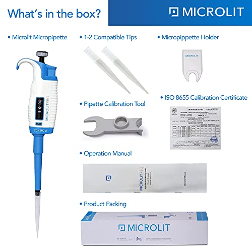 MICROLIT Single-Channel Pipettes with Adjustable Volume, Accurate and Calibrated Ergonomic Design Adjustable Micropipette for 20-200ul Liquid Capacity, Compatible with 200ul Pipette Tips