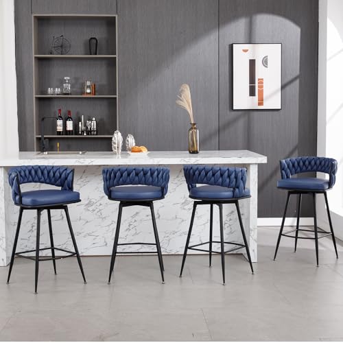 BFZ Counter Height Bar Stools Set of 4, Modern Faux Suede Barstools with Woven Back and Metal Leg, 180°Swivel Counter Stools 26" Seat Height Bar Chairs for Kitchen Island, Coffee Bar