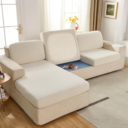 Icegrey Funda para asiento de sofá, funda elástica, cojín de asiento, sillas, funda de cojín, funda impermeable, para sillas, cojines, sofás, beige blanco, 4 plazas (165 – 200 cm)