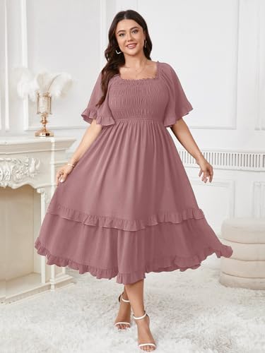 Image of SCOMCHIC Women's Plus Size Maxi Dresses Summer Short Sleeve Square Neck Smocked Wedding Guest Cocktail Boho Long Dress
