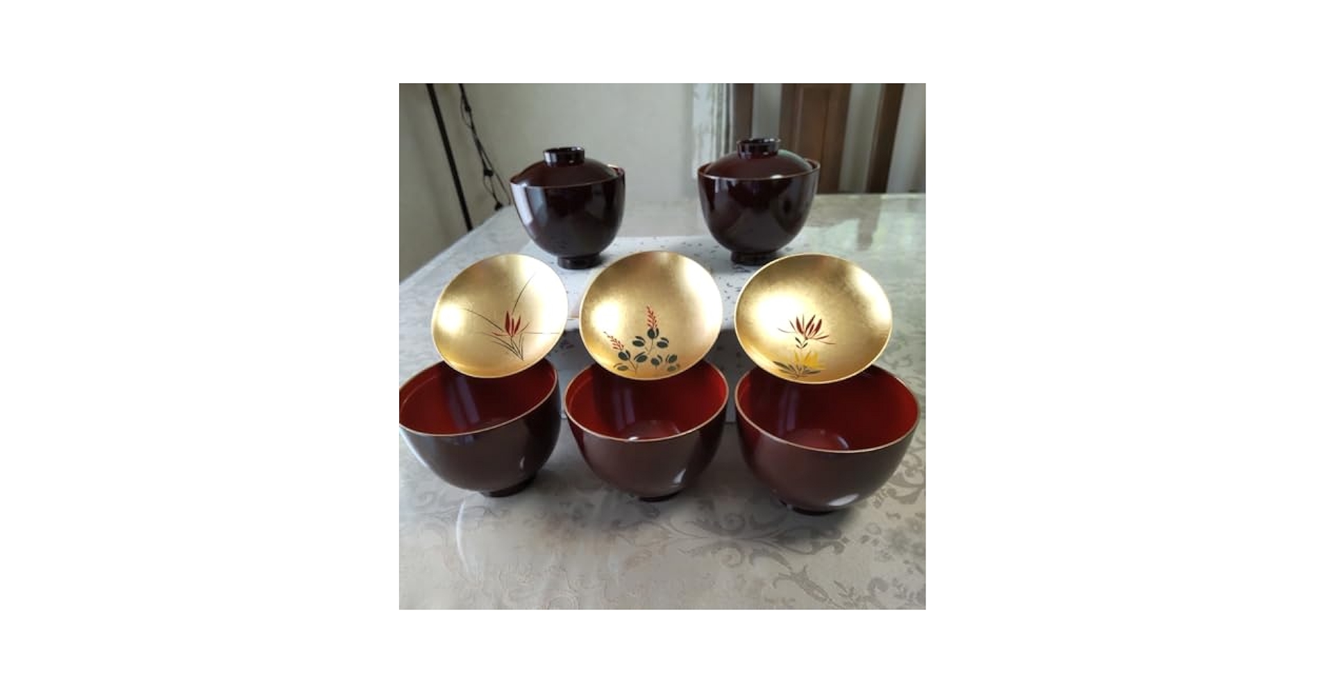 吸物膳漆器 金箔装飾 10枚セット A329 波千鳥漆皿 小皿 漆小皿 沈金蒔絵 一枚Antique Sam's Collection