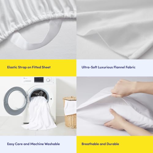 Image of Flannel Sheets Warm and Cozy Deep Pocket Breathable All Season Bedding Set with Fitted, Flat and Pillowcases, King, White