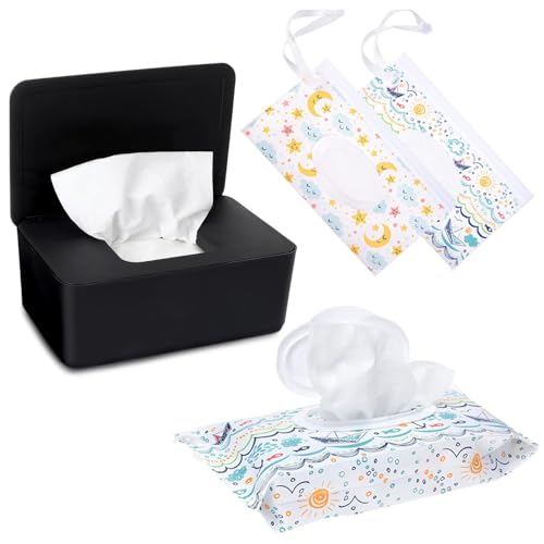 Wipes Dispenser with 2Pcs Portable Refillable Wipe Holder,Reusable Large Wipe Holder Box Flushable Wipes Case Bathroom Wipes Container for Pet Nursery Kitchen Office Counter(Black)
