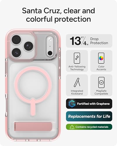 Image of ZAGG Santa Cruz Snap Case with Kickstand for iPhone 17 Pro Max - Pink Sorbet, Drop Protection (13ft /4m), MagSafe Charging Compatible, ClearGuard Anti-Yellowing Technology, Scratch Resistant Phone Case