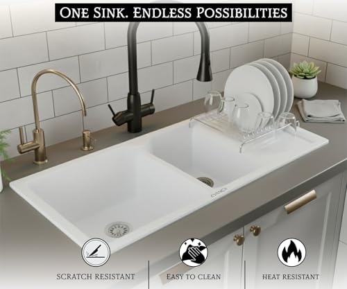 Image of EVANEX Quartz Sink for Kitchen|45x20x9 inch Double Bowl Kitchen Sink with Drain Board|Matt Finish|Sand Pluto Quartz Kitchen Sink with Sink Connector, Waste Pipe, Coupling and Drain Basket