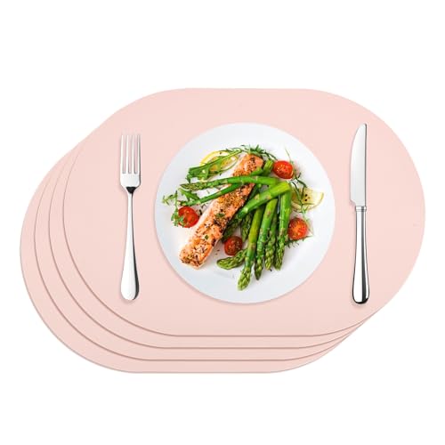 Placemats Faux Leather Double-Sided Oval Table Mats Set of 4, Heat-Resistant Waterproof Non-Slip Washable Mats for Kitchen Dinning Table, PU Table Mats (Pink+ Dark Gray)