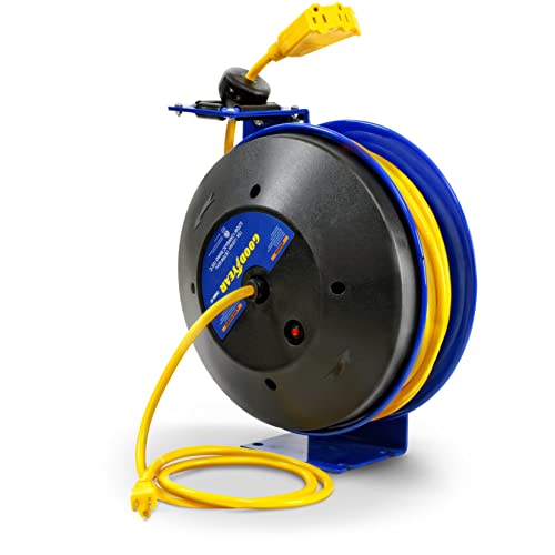 Goodyear Extension Cord Reel Retractable 12AWG x 50' Feet 3C SJTOW Cable Triple Tap Connector Power Rating 125 Volt AC 13 Amp 1625 Watt Industrial Steel Single Arm