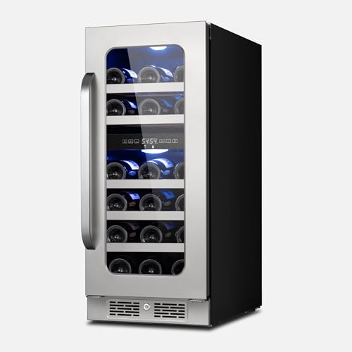 Image of 15 inch Wine Fridge Cooler 29 Bottles Dual Zone Wine Refrigerator Under Counter with Glass Door 3 LED Built-in or Freestanding Fridge Adjustable Shelves for Home Bar Kitchen 3.0 cu.ft