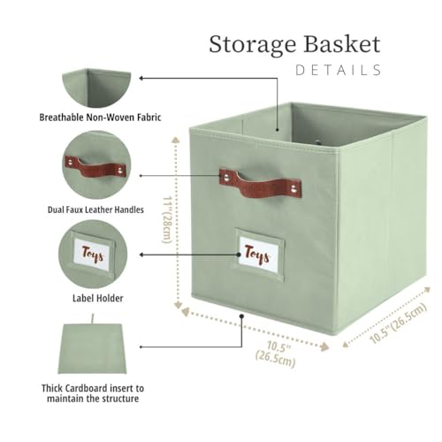 Image of DECOMOMO Storage Bins | Cube Storage Bin with Label Holders, Fabric Storage Cubes for Organizing Shelves Closet Toy Clothes (10.5 inch x 11 inch / 6pcs, Green)