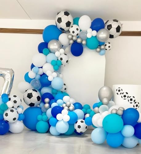 Image of Soccer Balloon Arch Kit, 4D Football Foil Ballons Royal Blue White Silver