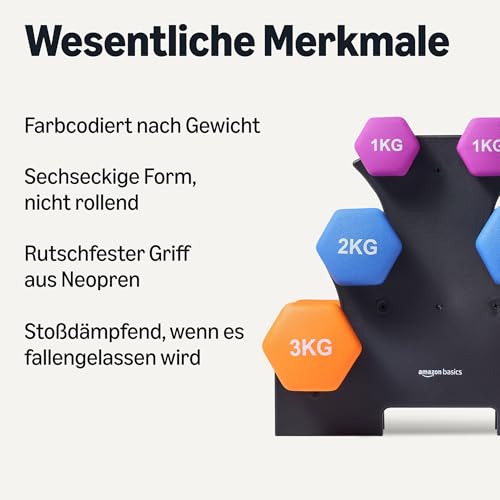 Amazon Basics Hantel-Set mit Neoprenbeschichtung, mit Hantelständer, 3 Stück (1 kg, 2 kg, 3 kg), Mehrfarbig