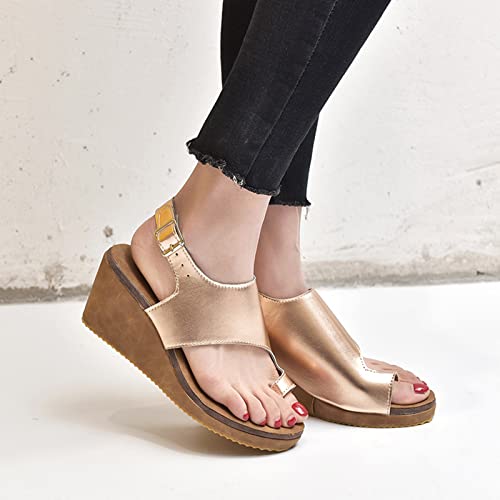 Orthopedic Bunion Corrector Sandals for Women Comfy Platform Wedges PU Leather Shoes Summer Ankle Strap Flip Flops Casual Walking Shoes,Gold,US7/EU384