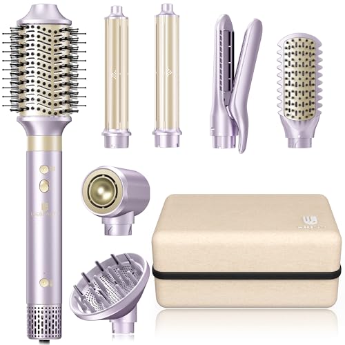 Hair Dryer Brush 8-in-1 Dual Voltage Hot Air Styler – Fast-Drying 110,000 RPM Ionic Blow Dryer with Straightener & Curler Attachments, Frizz-Free Volumizing Styler with Protective Hard Case-Purple