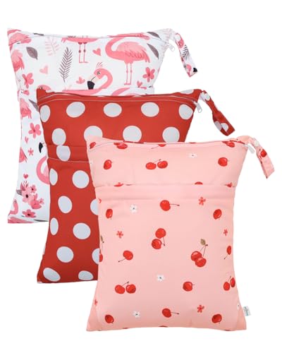 Image of babygoal Wet and Dry Pockets for Baby Nappies, Washable Travel Bags, Beach, Pool, Gym Bag for Swimsuits and Wet Clothes, with Two Zip Pockets, Girl colour: 42, 30cm x 36cm, Wet and Dry Bag