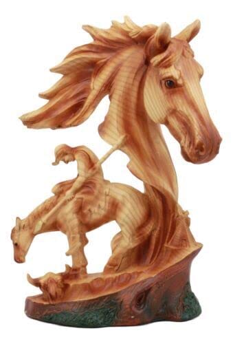 Ebros Gift Rustic Western Faithful Steed Black Beauty End Of The Trail Figurine 9" Tall Horse Bust With Native Indian Warrior Resin Decor In Faux Wood Carving Finish Sculpture #TOP2