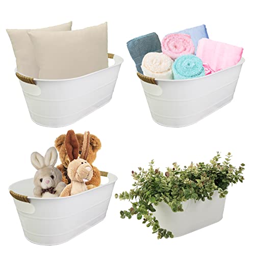 Lf Likefair 2 Pack Farmhouse Metal Galvanized Beverage Tub, Beer, Wine, Ice Holder - Ice Buckets For Parties,1.45 Gallons Rustic Vintage Storage Oval Bucket Bin - White/Cutout Handle With Pe Rattan #TOP3